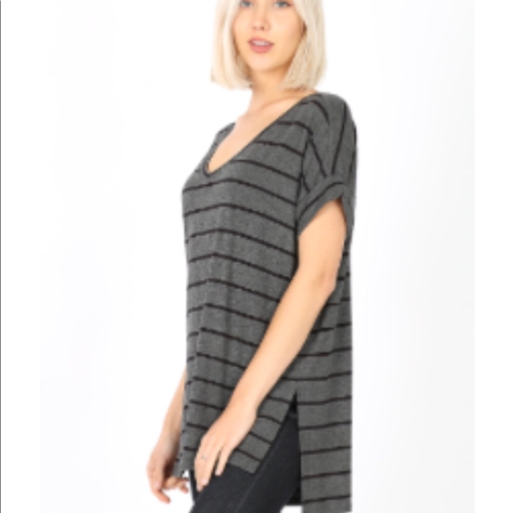 Black and gray V neck tee